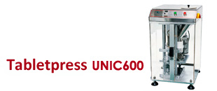 Unique model of laboratory desktop tablet press. Price 13500 USD. Model UNIC600A: maximal diameter of tablets 25 mm,  force of 5 tons. Model UNIC600B: maximal diameter of tablets 30 mm,  force of 8 tons.